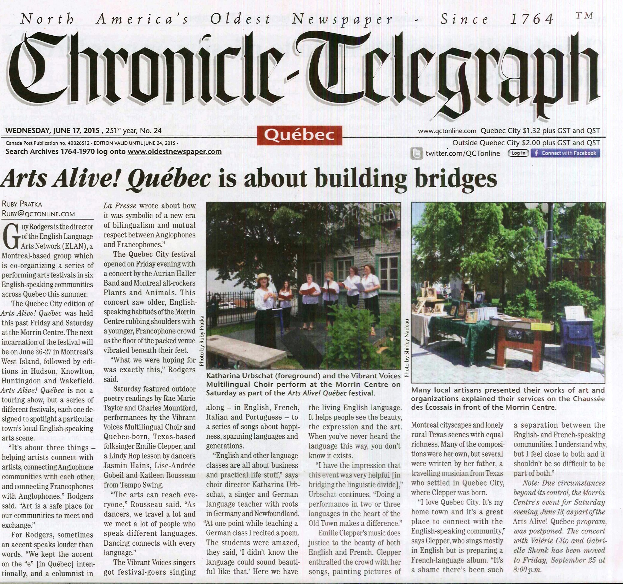 Articles on Arts Alive! QuÃ©bec - Building Bridges (Chronicle-Telegraph,  2015) - ELAN