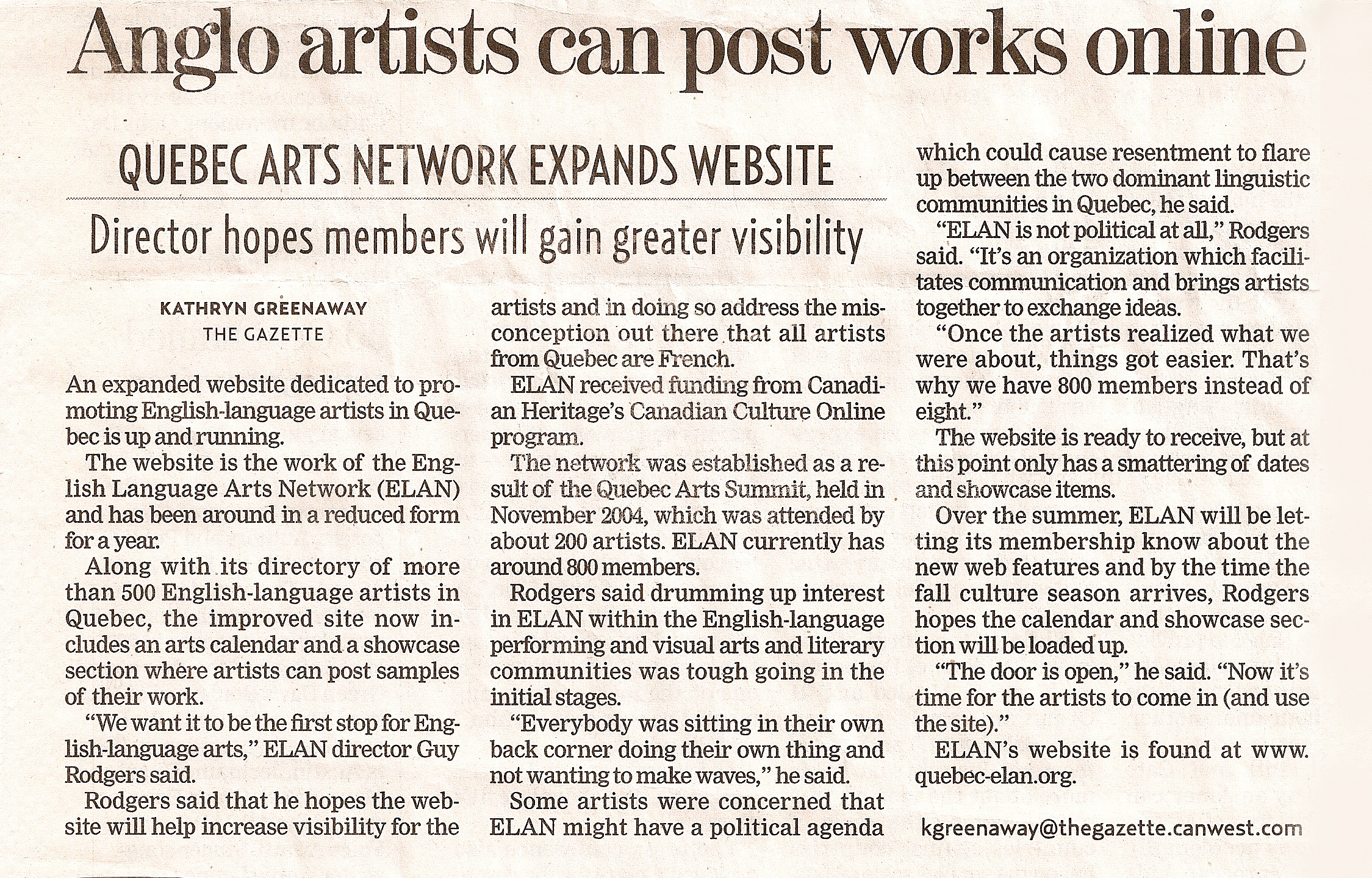 Anglo Artists Can Post Works Online- The Gazette (2006)