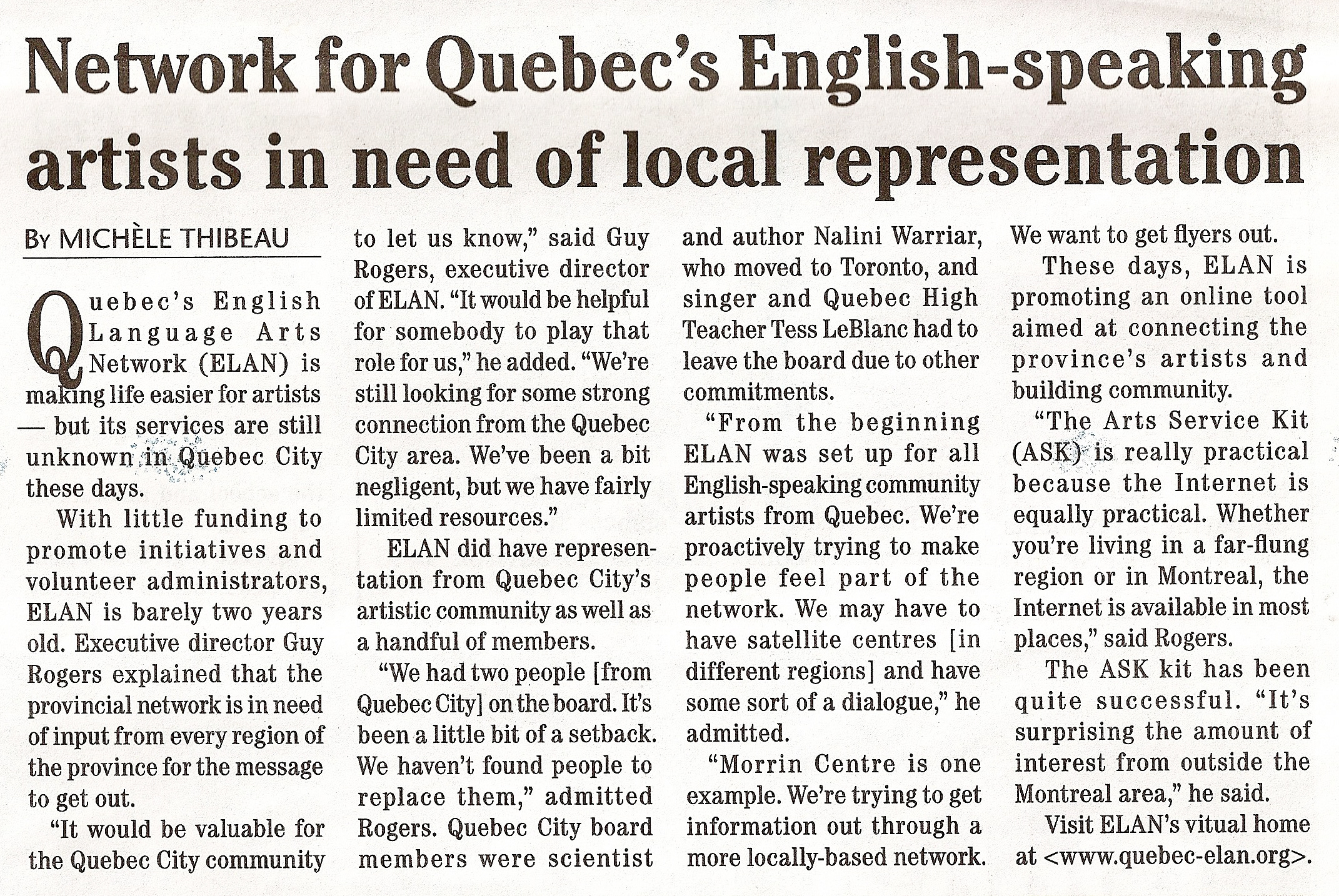 Network for Quebec's English Speaking Artists in Need of Local Representation- Quebec Chronicle (No date)